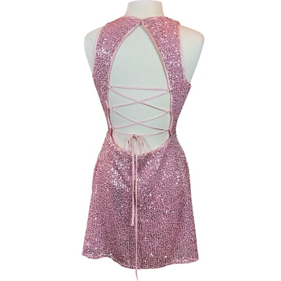 Lulus Endless Fun Shiny Pink Sequin Lace-Up Mini Dress Medium NWT - Picture 5 of 10